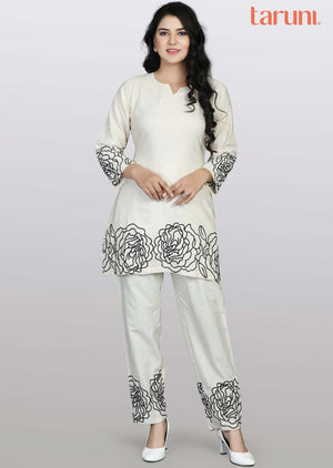 Off White Cotton Resham Work Fusion/Indo-Western Set