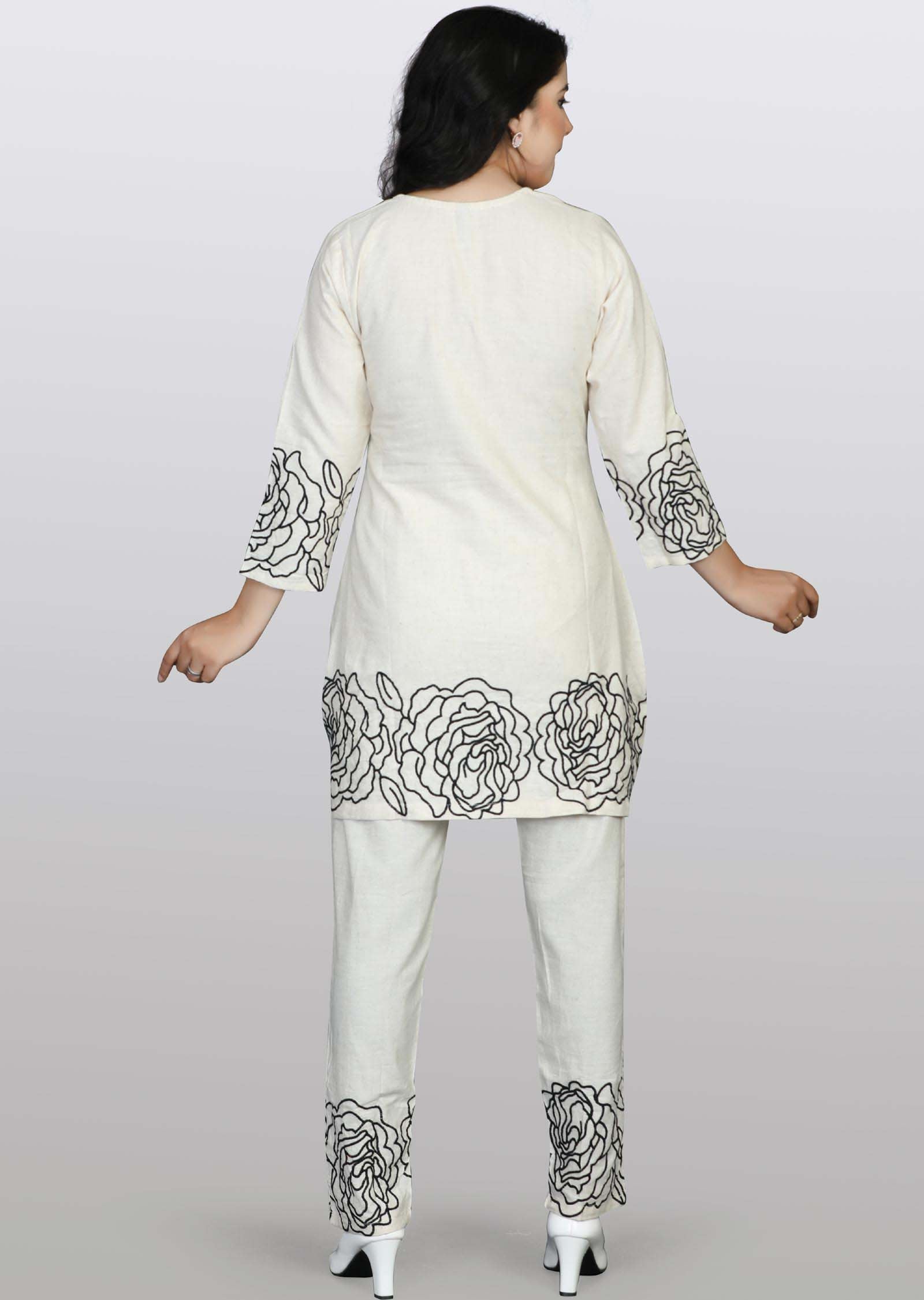 Off White Cotton Resham Work Fusion/Indo-Western Set