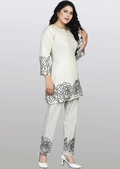 Off White Cotton Resham Work Fusion/Indo-Western Set