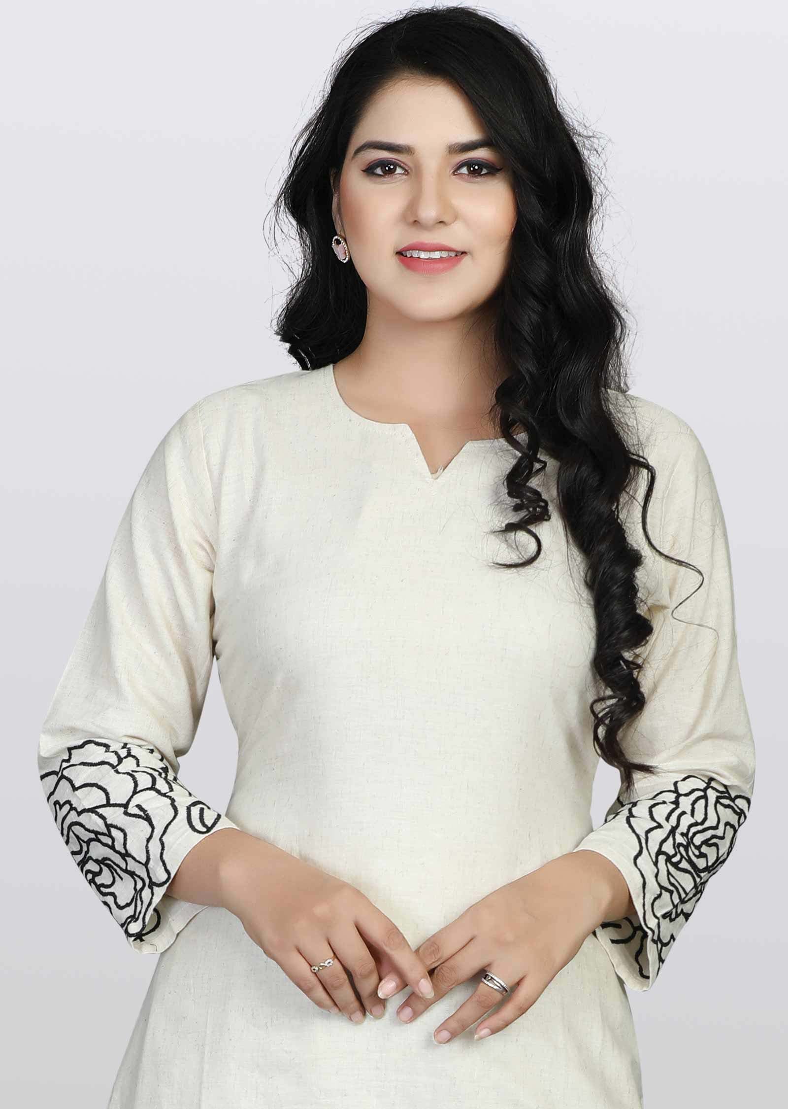 Off White Cotton Resham Work Fusion/Indo-Western Set