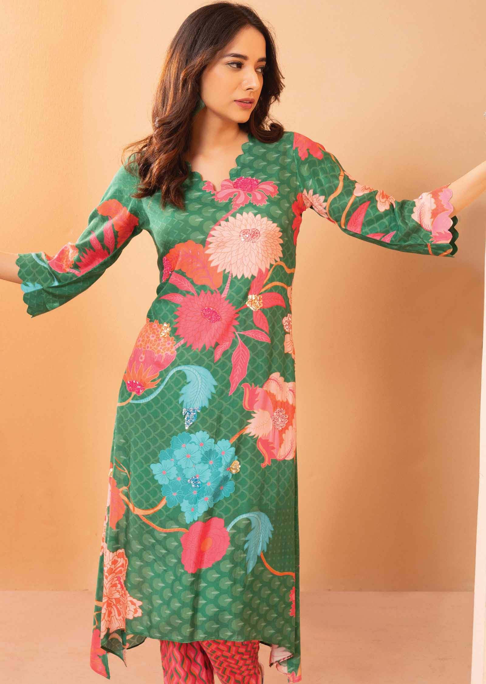 Green & Pink Muslin Embroidered Kurti Sets