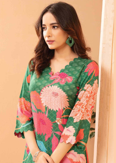 Green & Pink Muslin Embroidered Kurti Sets