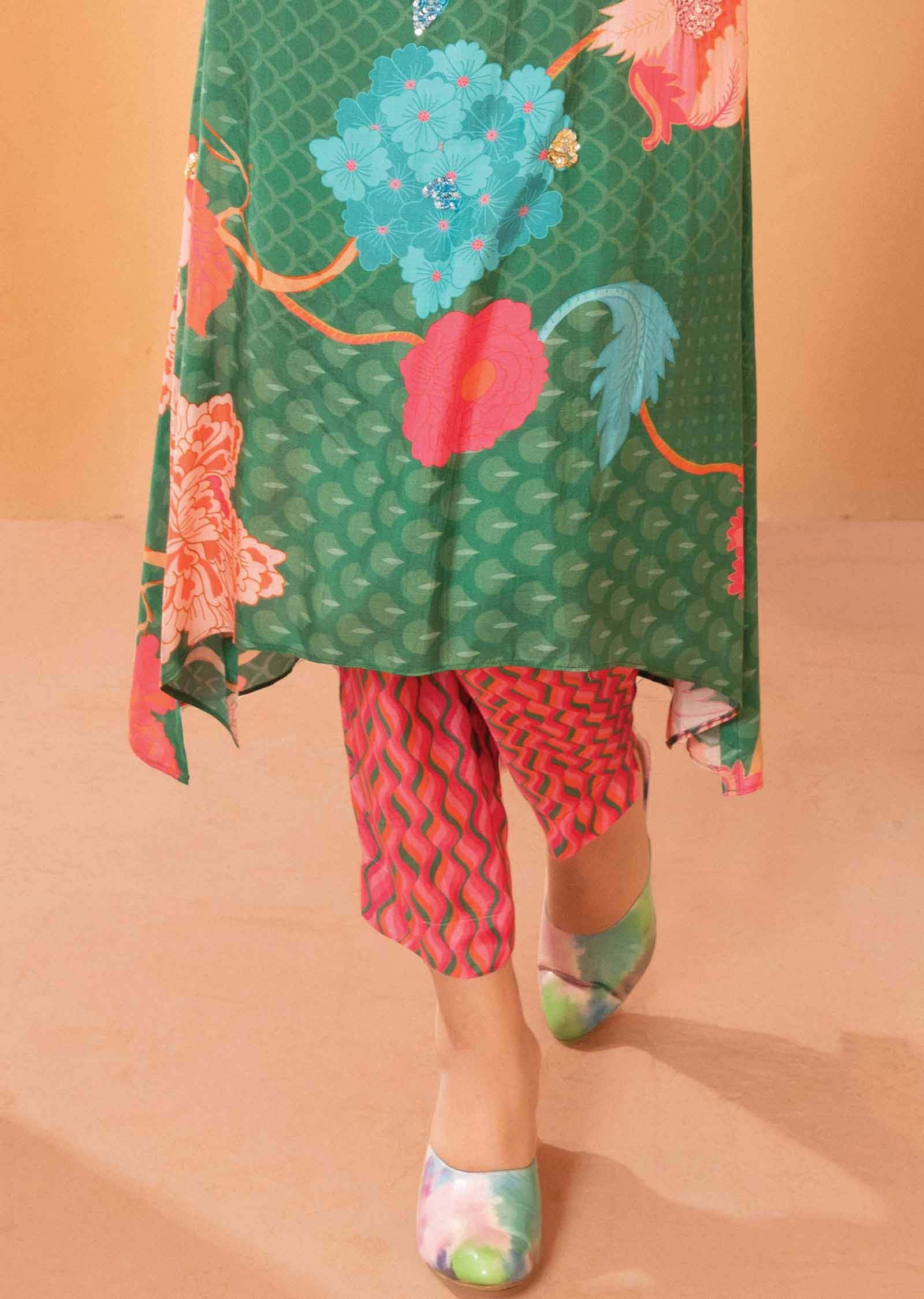 Green & Pink Muslin Embroidered Kurti Sets