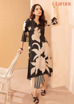 Dull Black & Beige Muslin Embroidered Kurti Straight cut