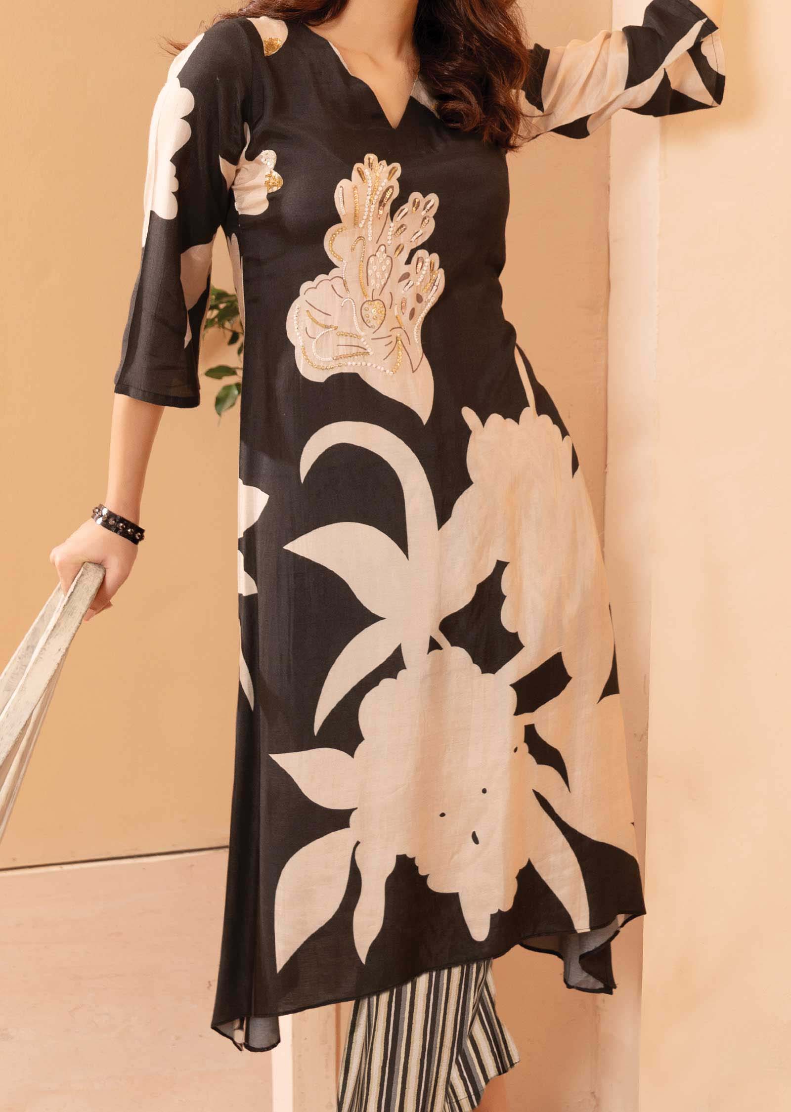 Dull Black & Beige Muslin Embroidered Kurti Straight cut