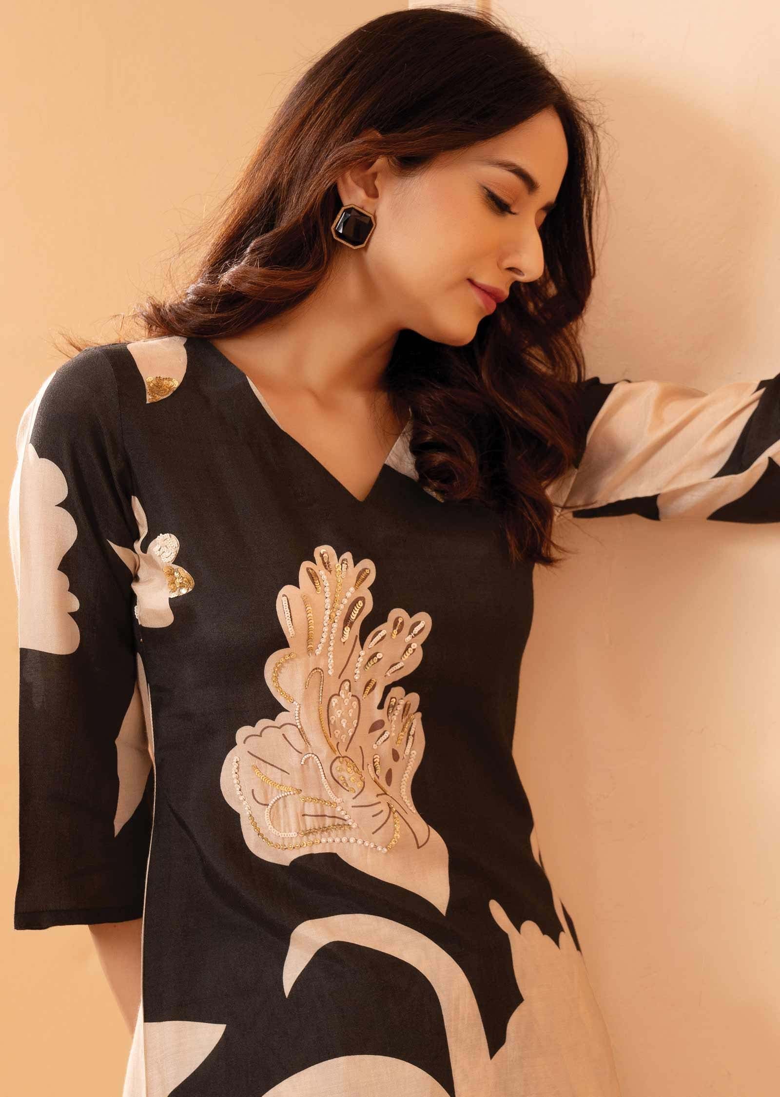 Dull Black & Beige Muslin Embroidered Kurti Straight cut