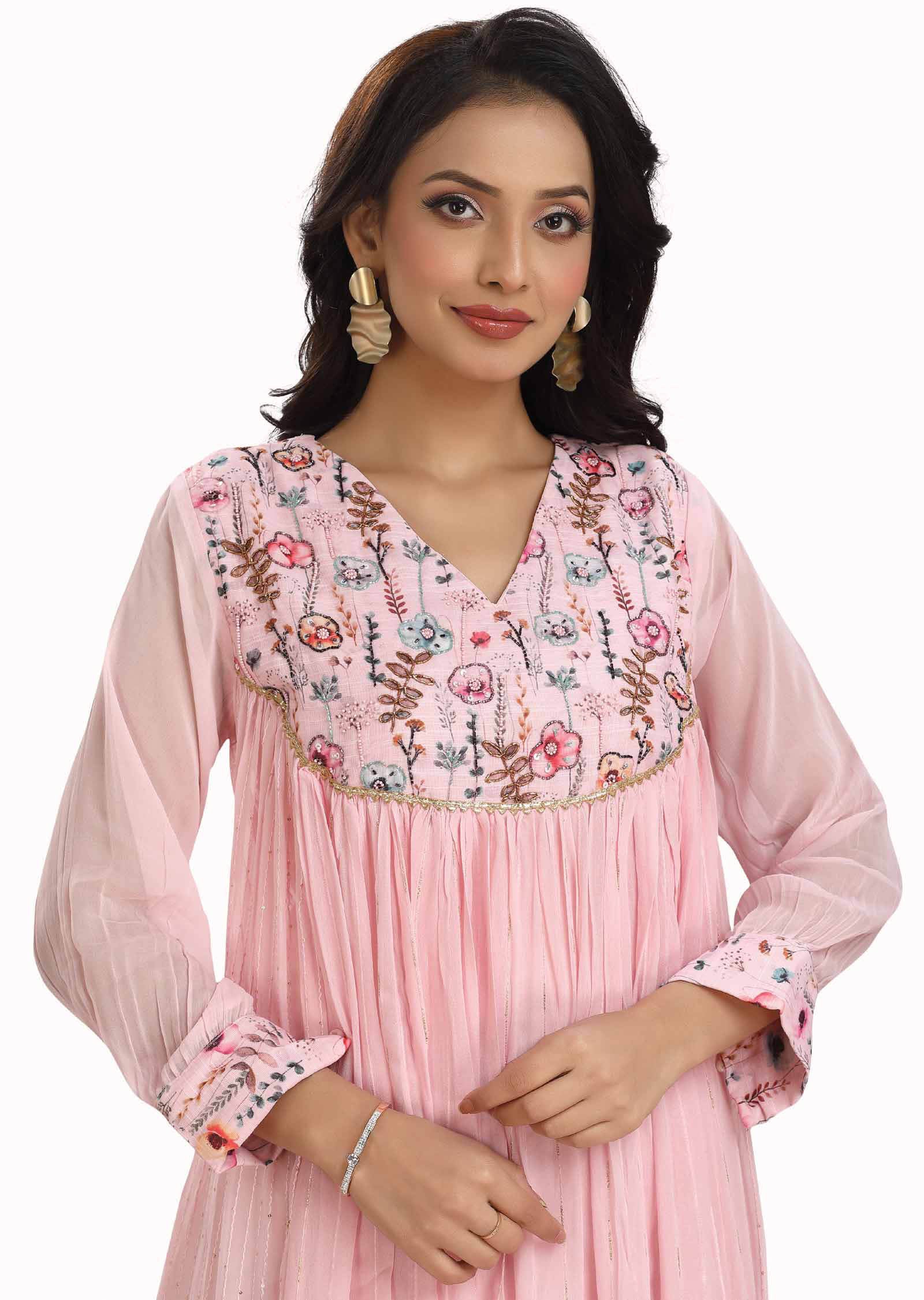 Baby Pink Georgette Embroidered Kurti Sets