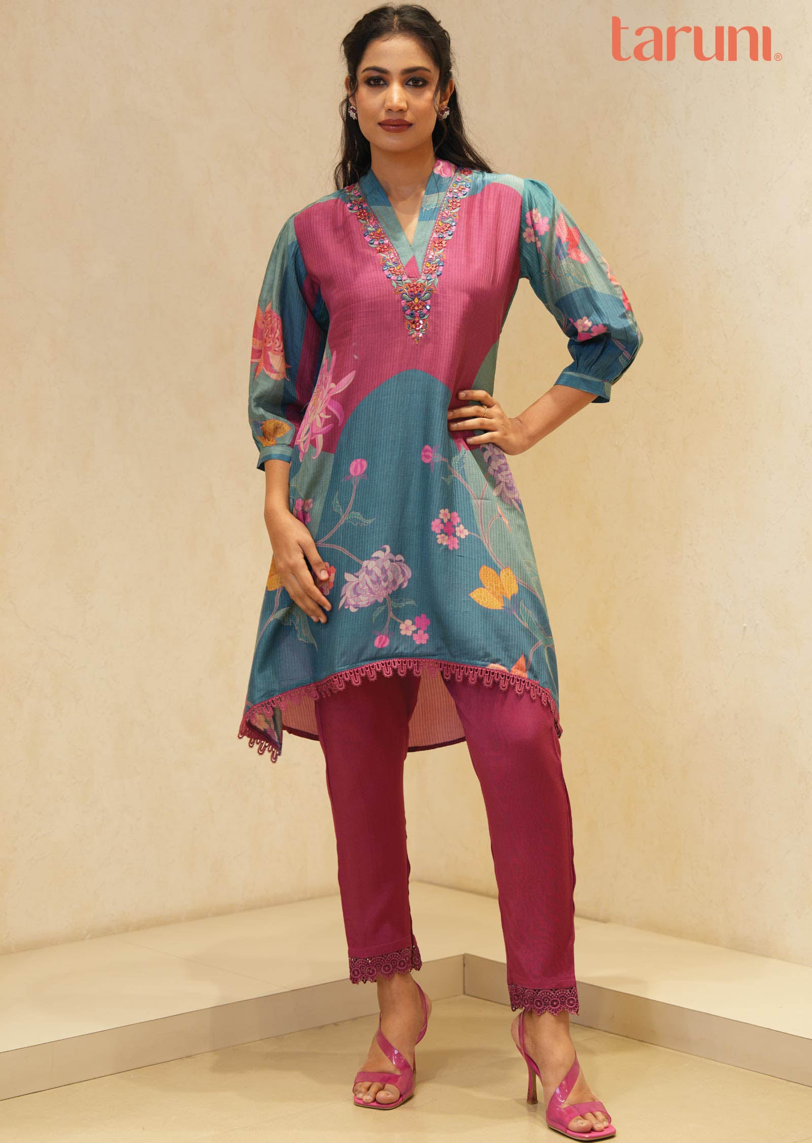 Magenta/Dusty Blue Muslin Printed Kurti Sets