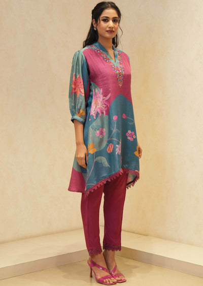 Magenta/Dusty Blue Muslin Printed Kurti Sets