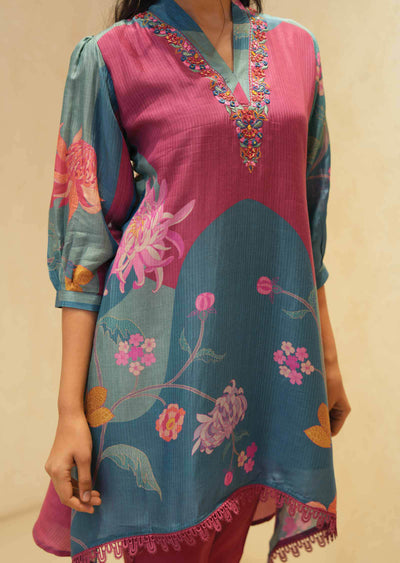 Magenta/Dusty Blue Muslin Printed Kurti Sets