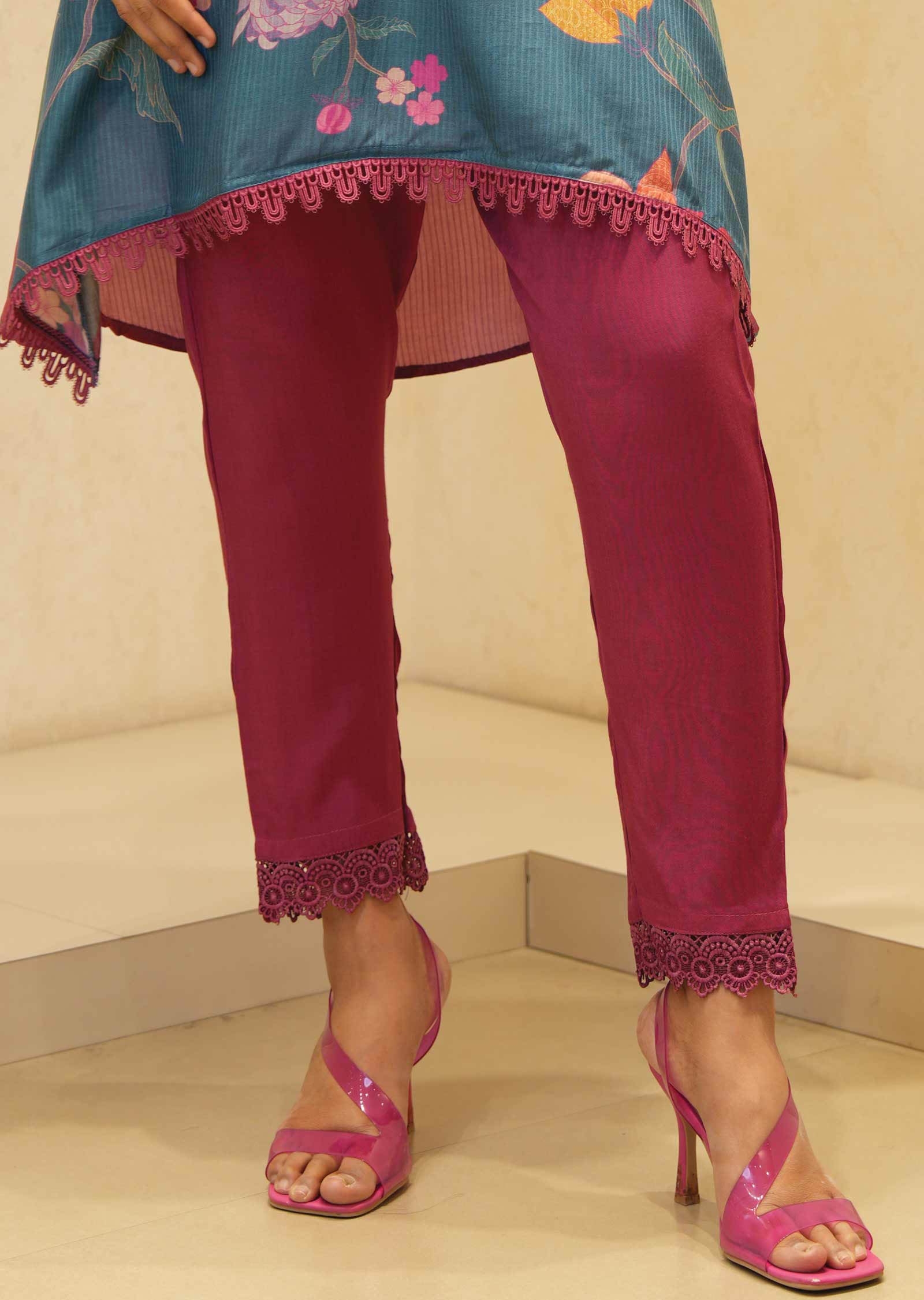 Magenta/Dusty Blue Muslin Printed Kurti Sets