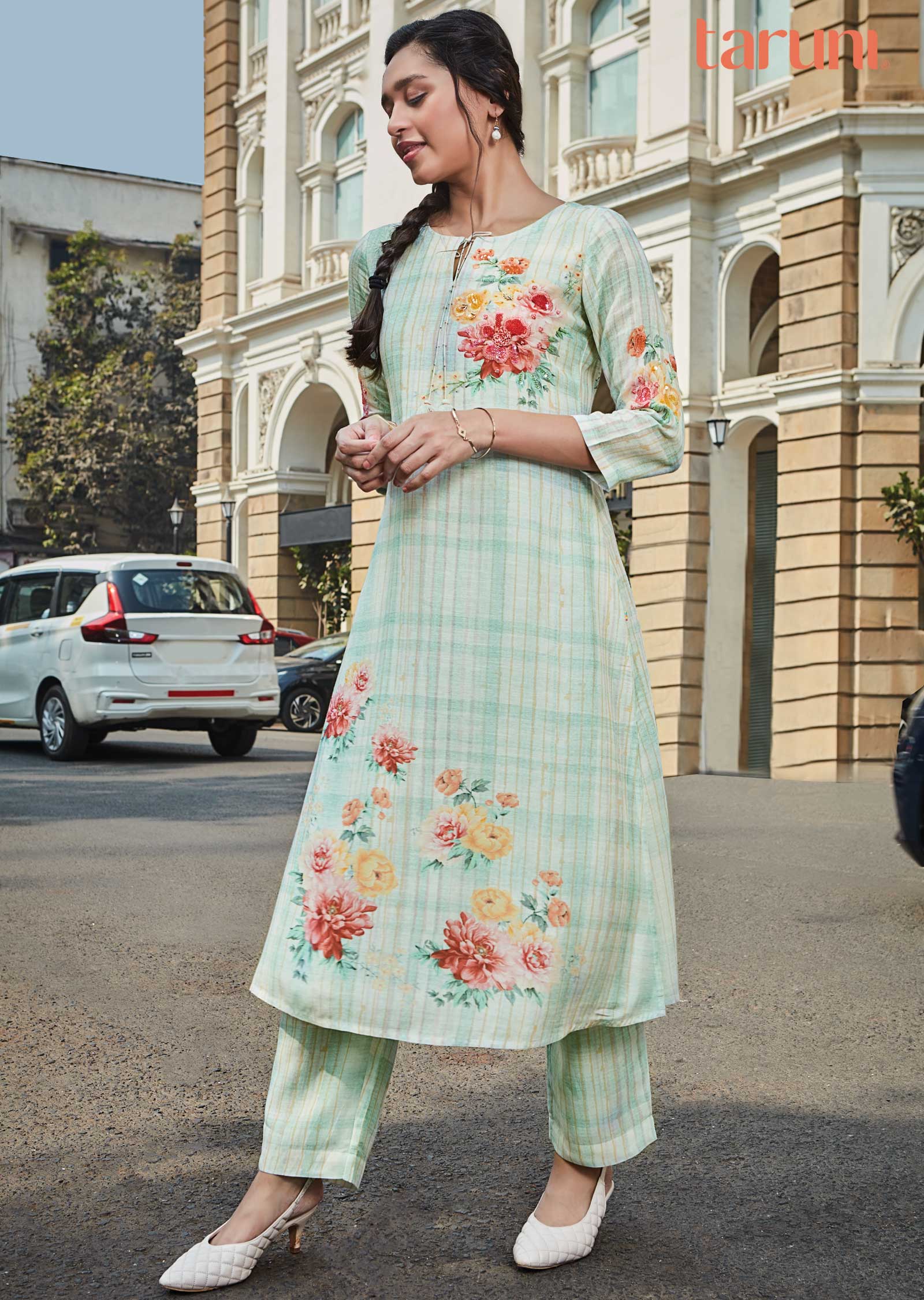 Sea Green Lenin Chanderi Kurti Sets