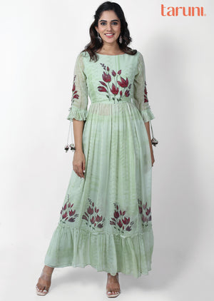 Dudty Green Georgette Embroidered Kurti Sets