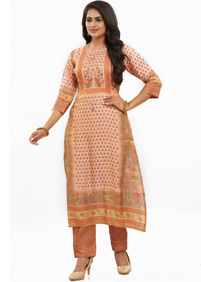 Peach Tissue Silk Kurti Set with Sequence & Beads