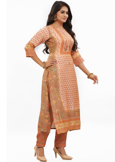 Peach Tissue Silk Kurti Set with Sequence & Beads