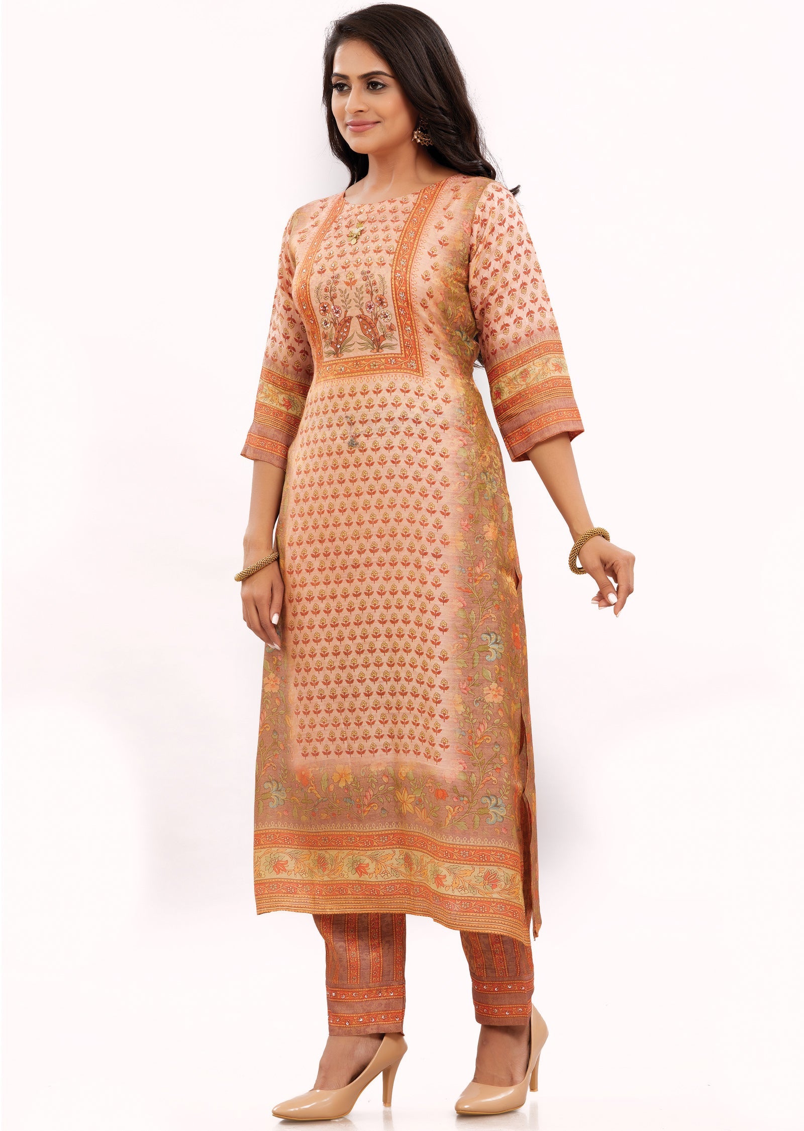 Peach Tissue Silk Kurti Set with Sequence & Beads