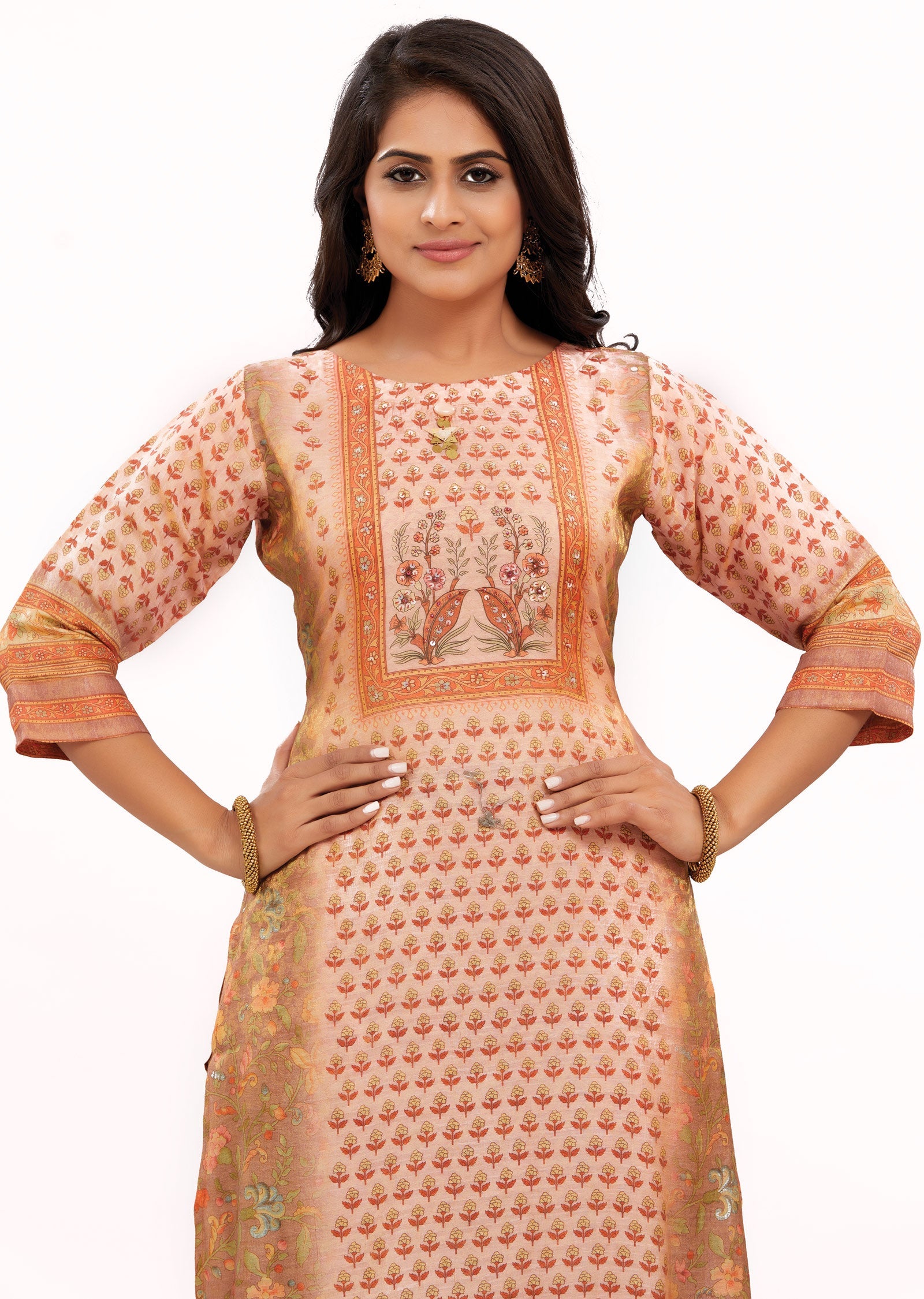 Peach Tissue Silk Kurti Set with Sequence & Beads