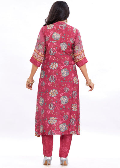 Magenta Muslin Kurti Set with Cut Dana & Beads