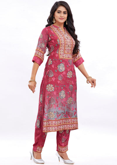 Magenta Muslin Kurti Set with Cut Dana & Beads