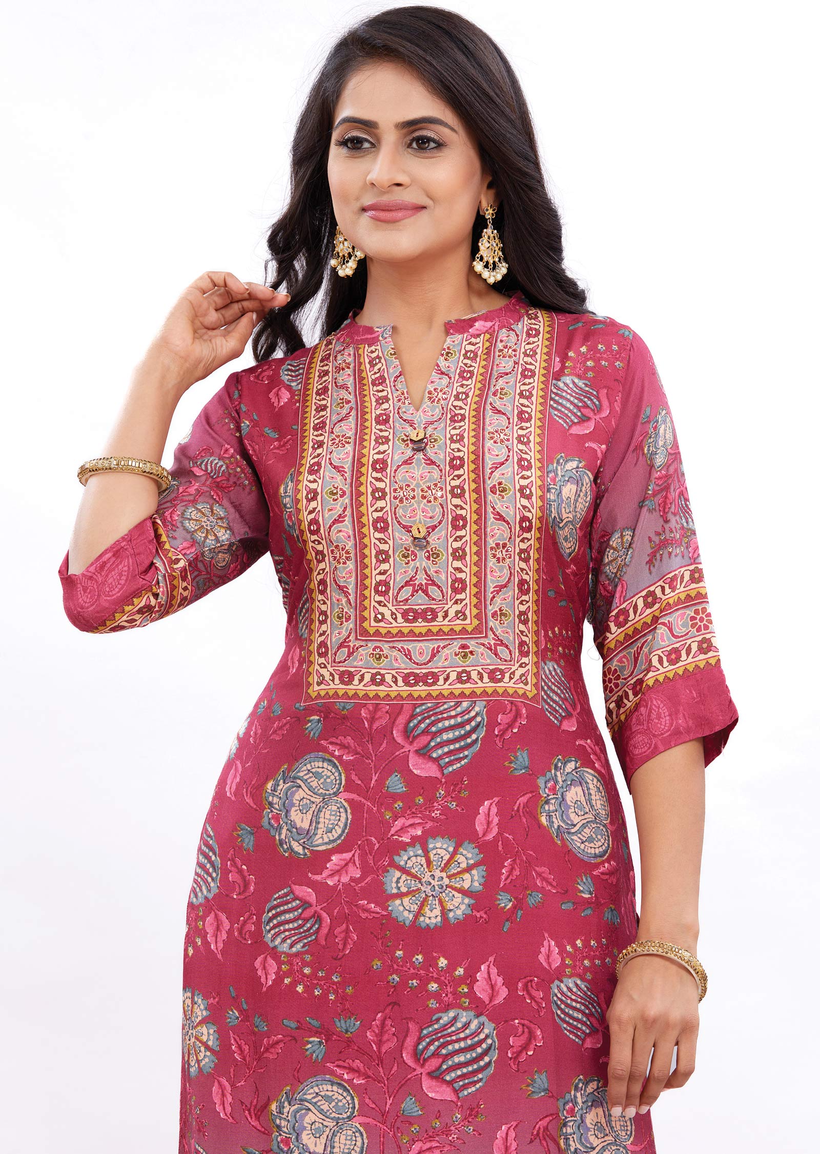 Magenta Muslin Kurti Set with Cut Dana & Beads