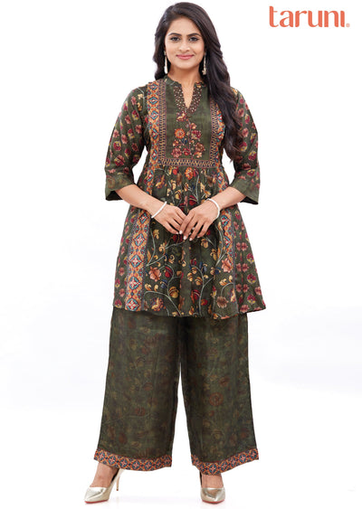 Olive Green Muslin Kurti Set with Sequence & Beads