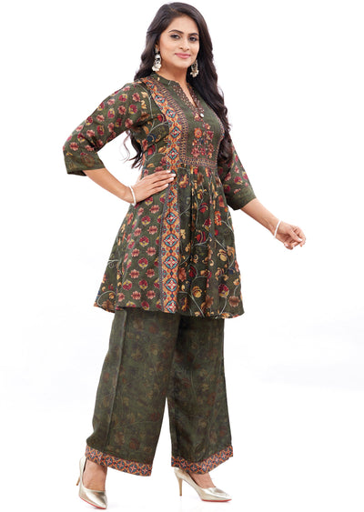 Olive Green Muslin Kurti Set with Sequence & Beads