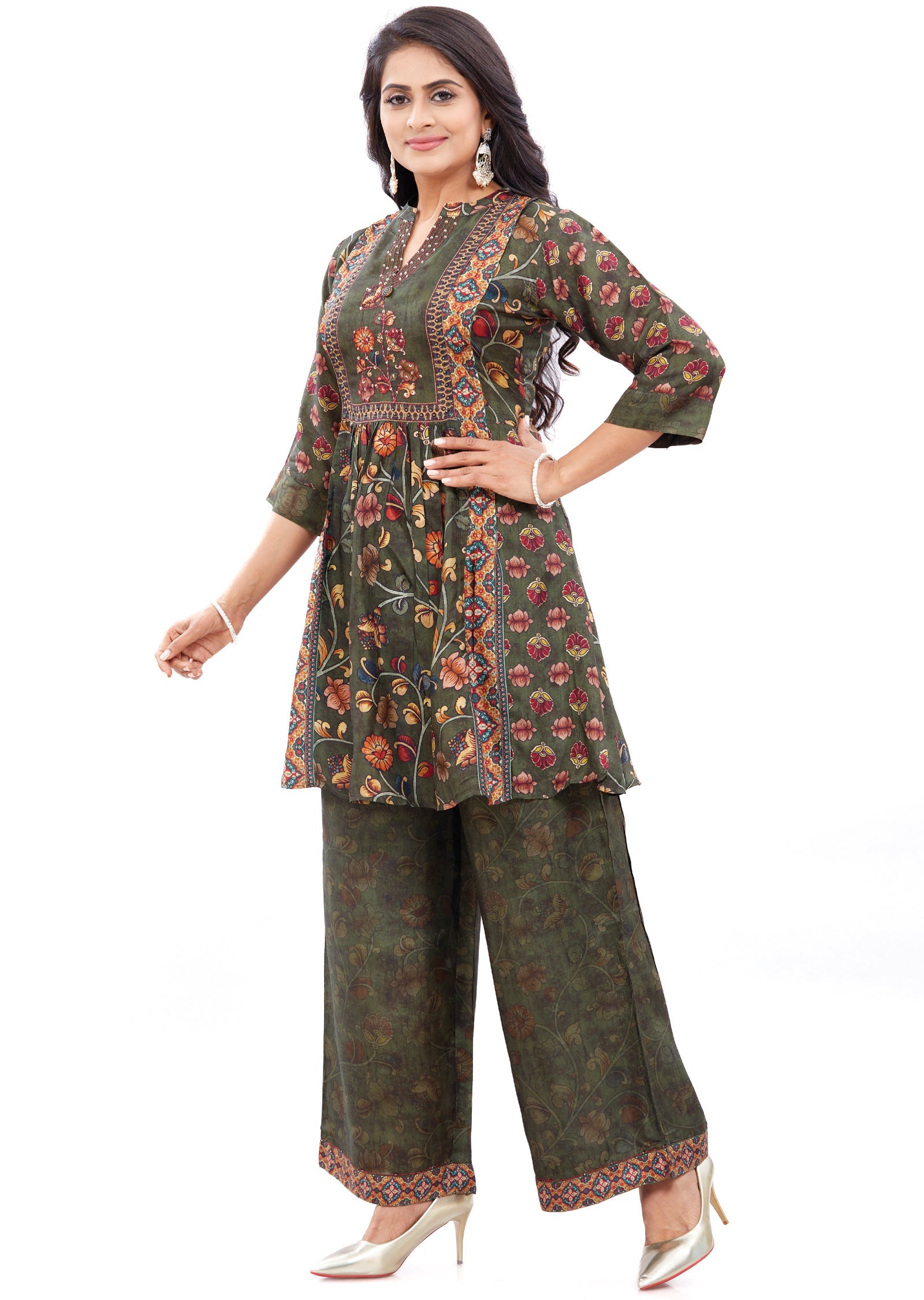 Olive Green Muslin Kurti Set with Sequence & Beads