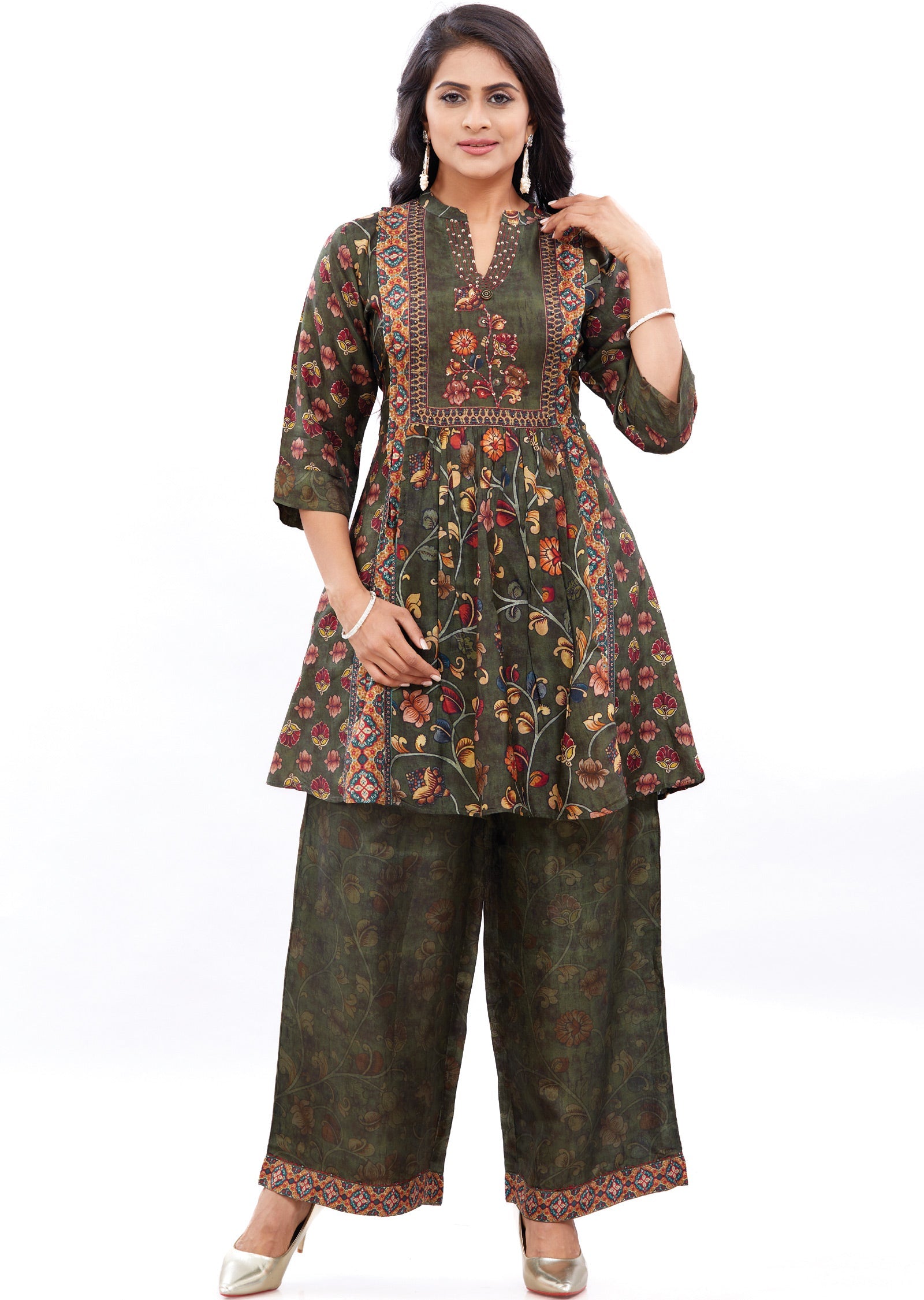 Olive Green Muslin Kurti Set with Sequence & Beads