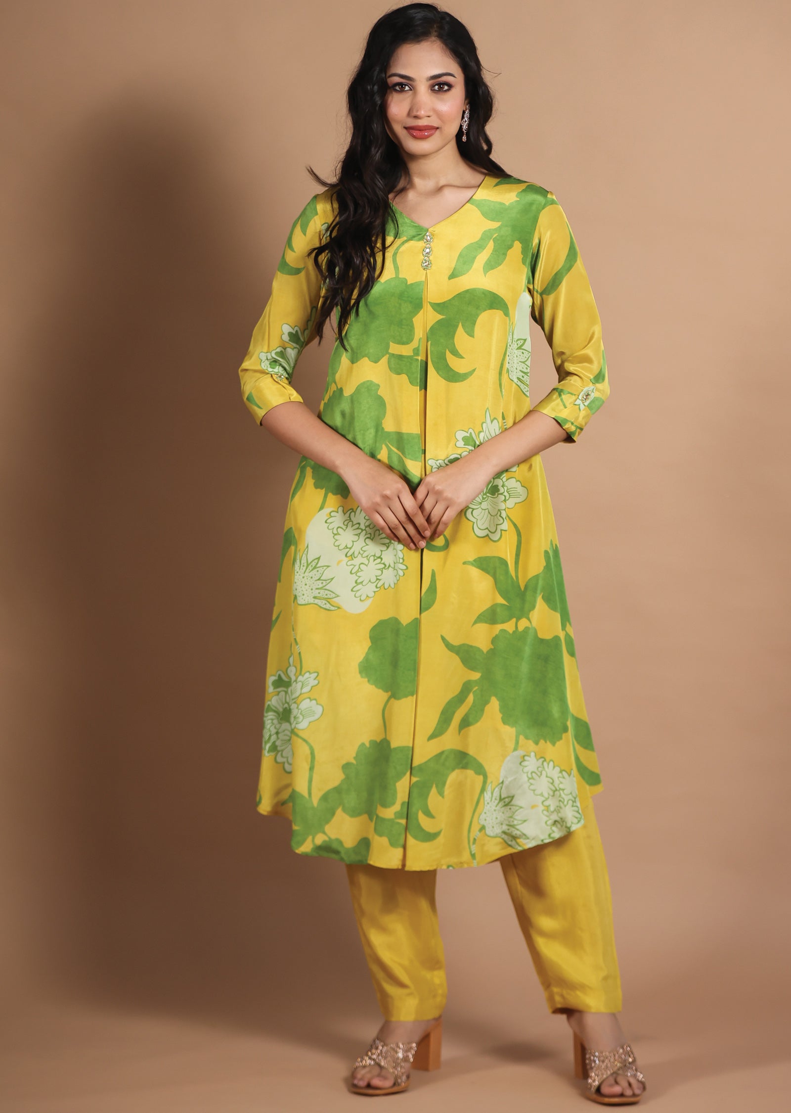 Yellow  & Green Crepe Kurti Sets