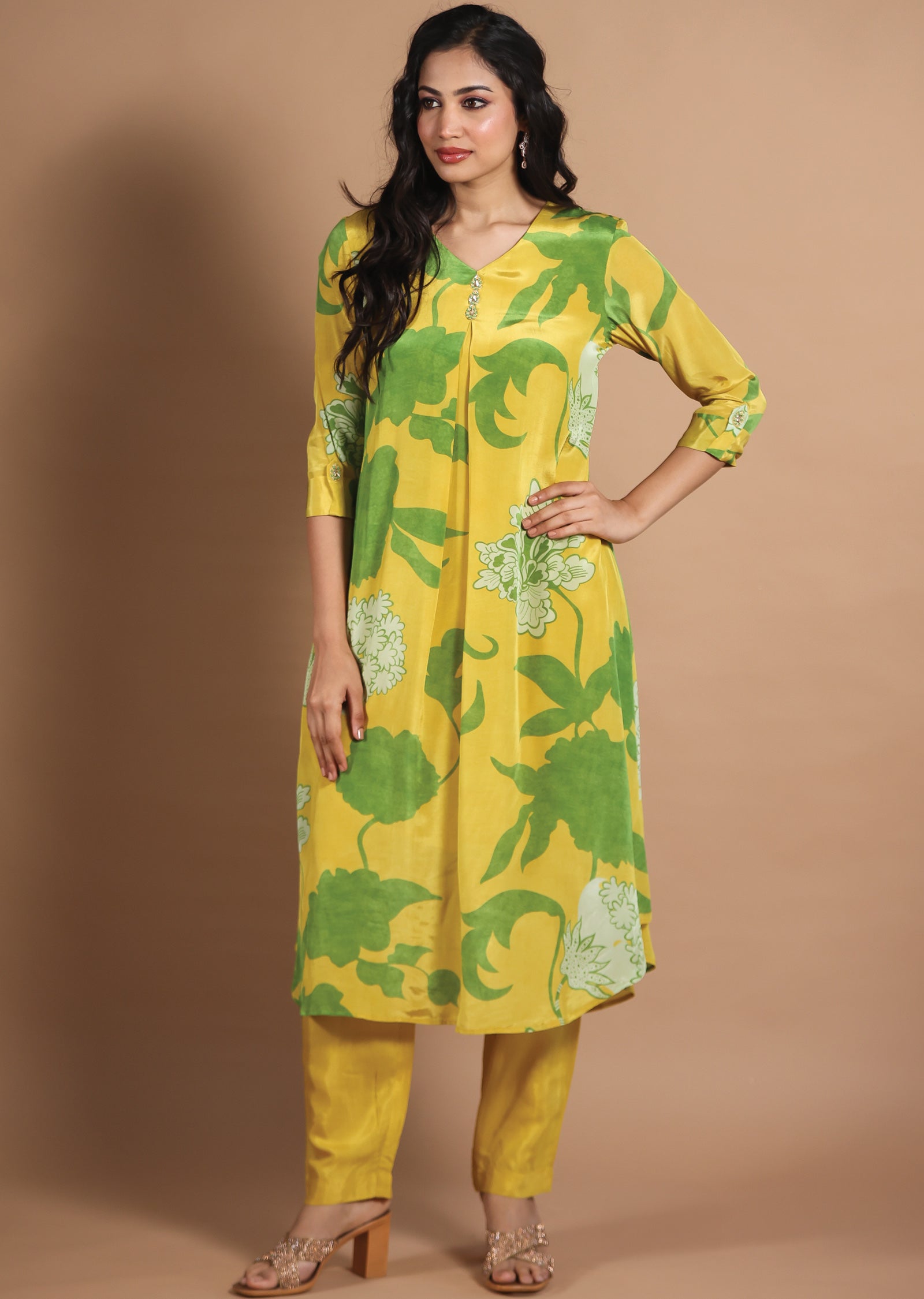 Yellow  & Green Crepe Kurti Sets