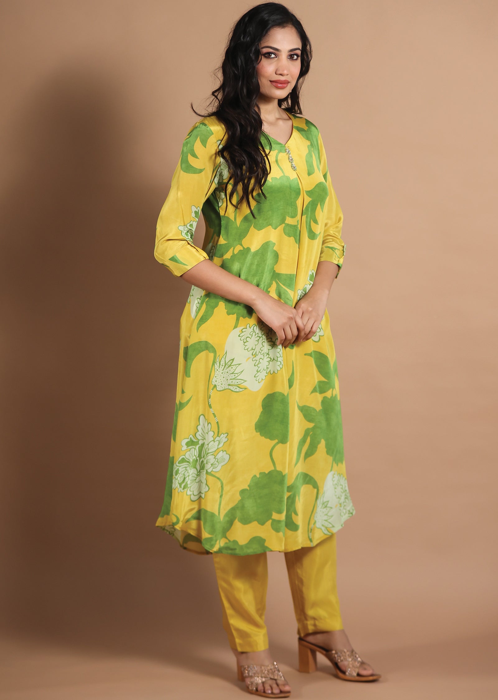 Yellow  & Green Crepe Kurti Sets