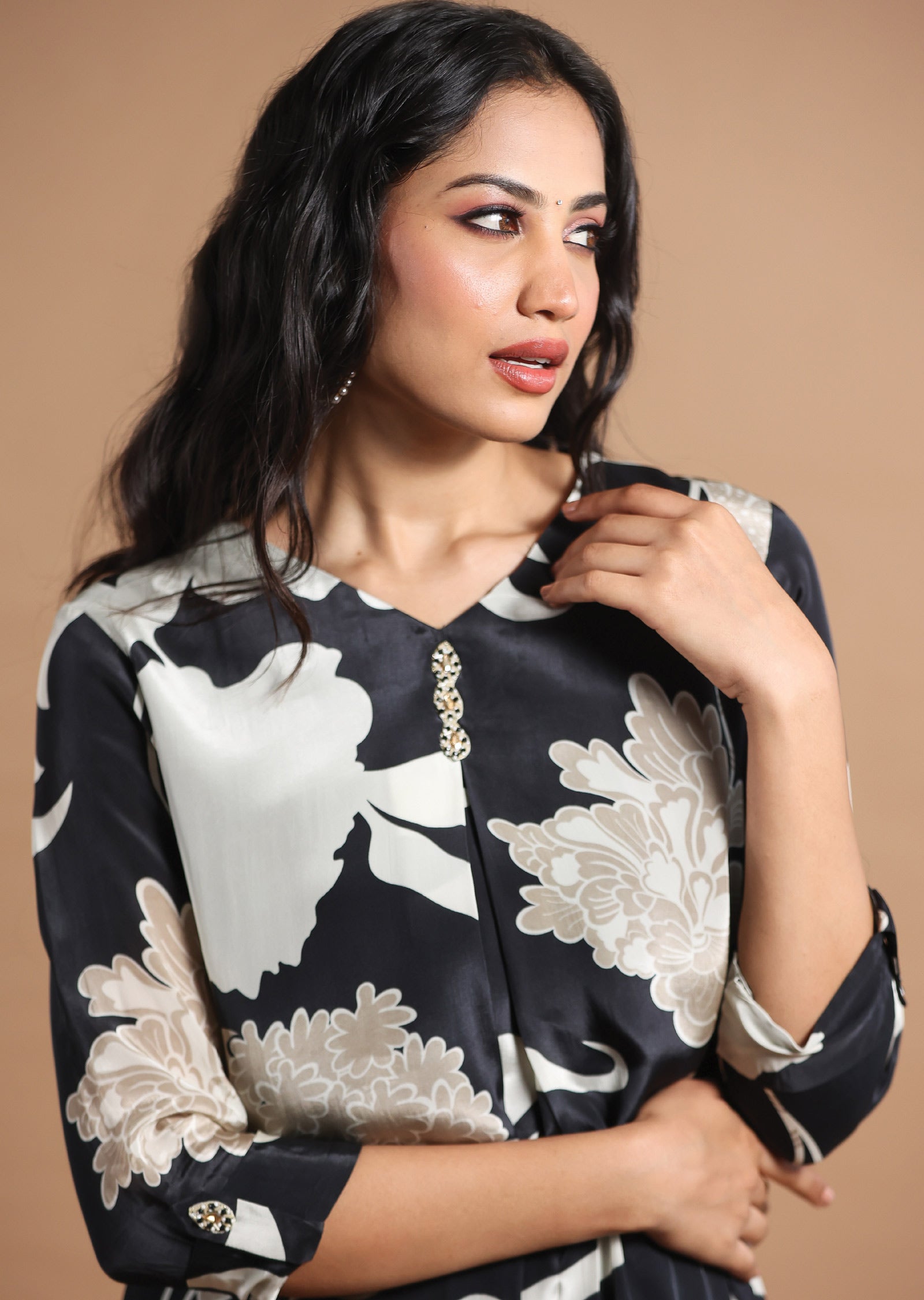 Black & Beige Crepe Kurti Set