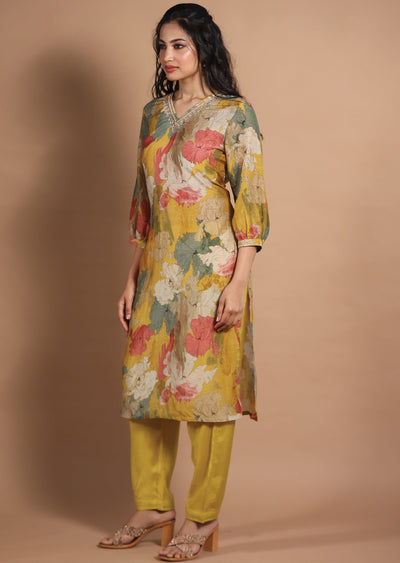 Yellow Muslin Kurti Set