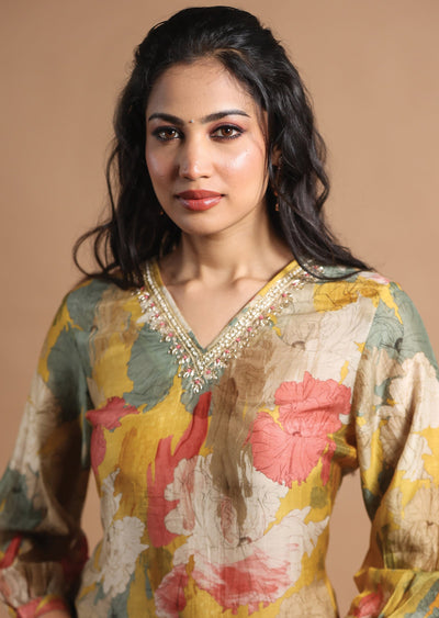 Yellow Muslin Kurti Set