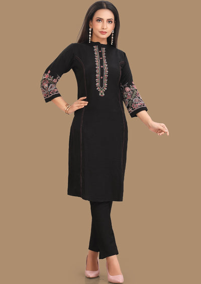 Black Soft Denim Silk Kurti Set