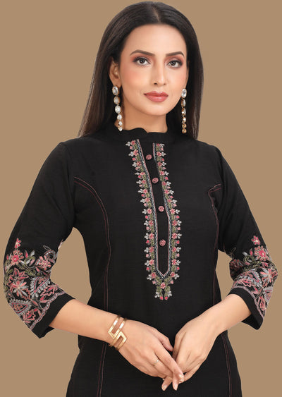 Black Soft Denim Silk Kurti Set