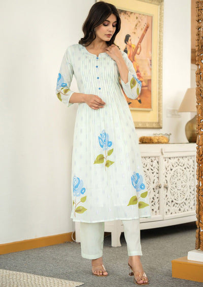 Pista Green Banaras Cotton Kurti Set