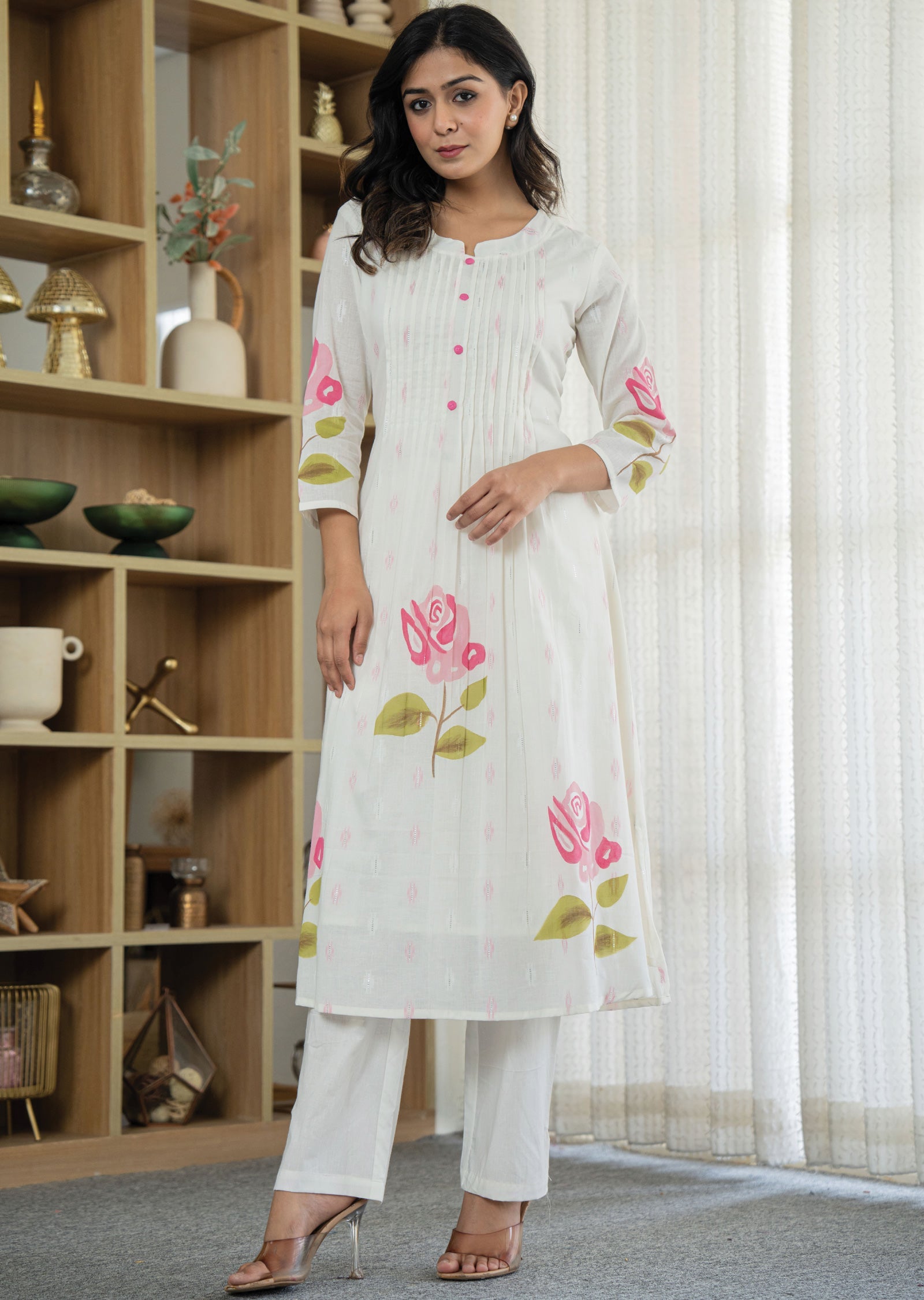 Off White Banaras Cotton Kurti Set