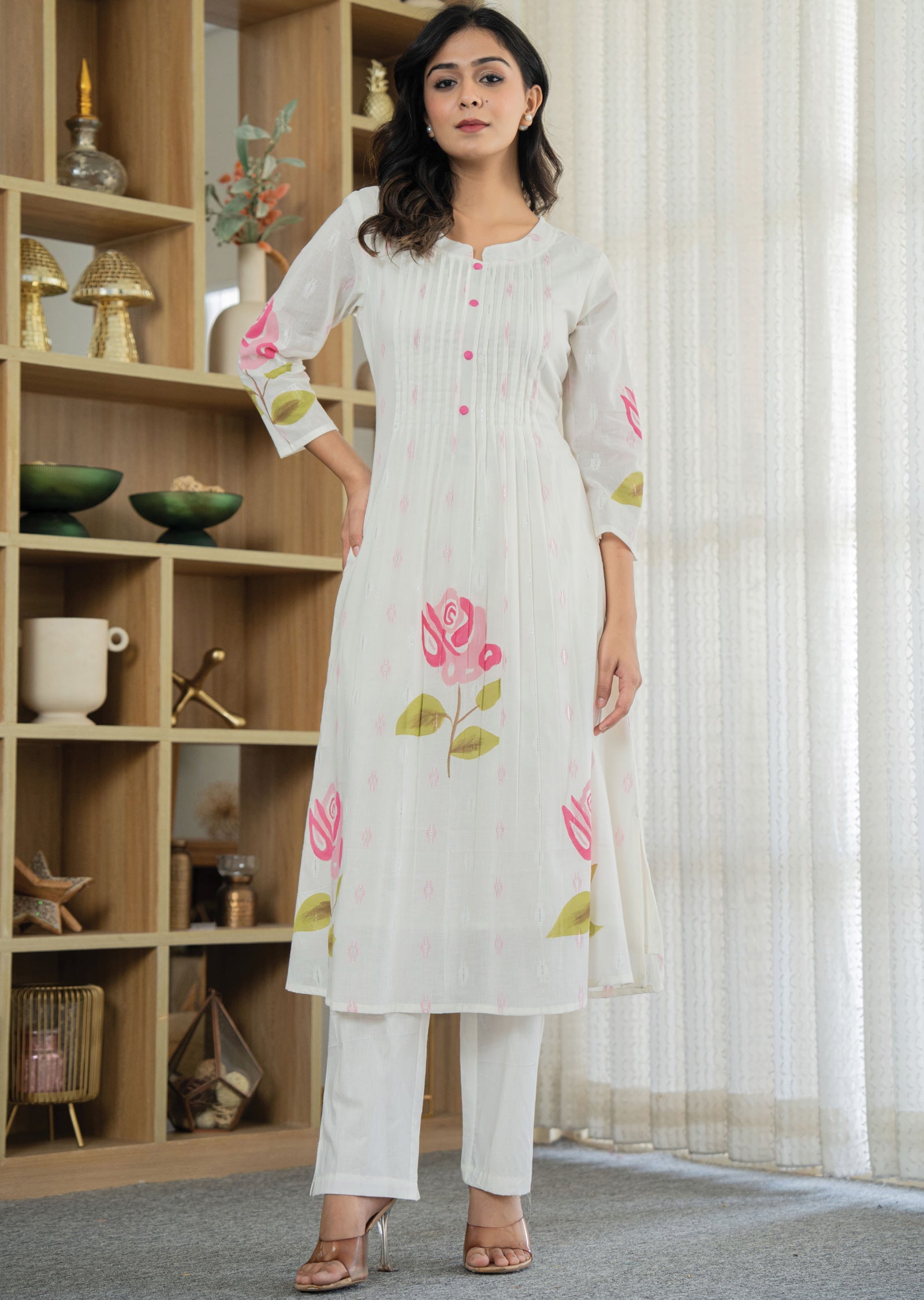 Off White Banaras Cotton Kurti Set