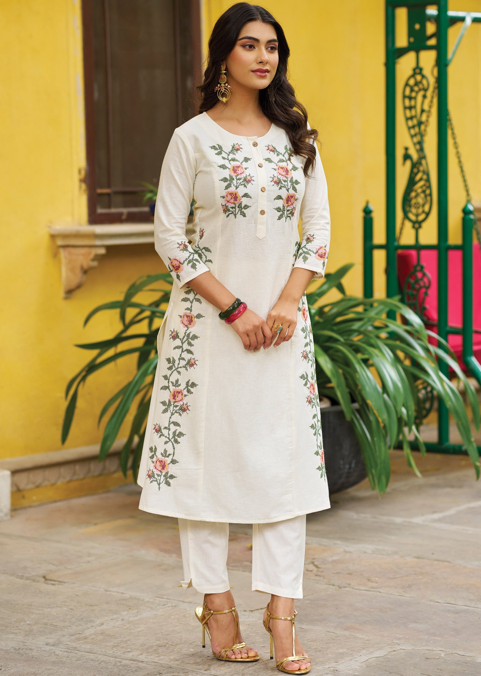 Off White Cotton Straight Cut Kurti Set