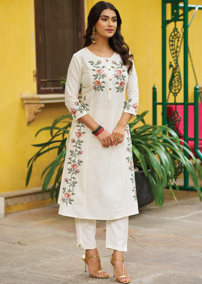 Off White Cotton Straight Cut Kurti Set