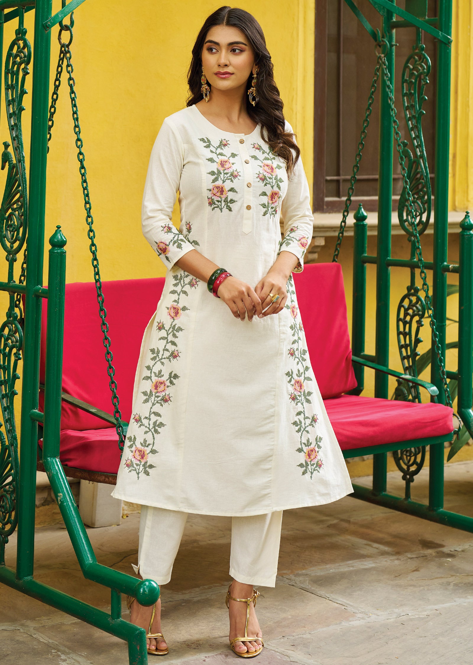 Off White Cotton Straight Cut Kurti Set
