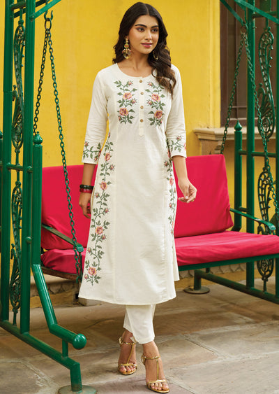 Off White Cotton Straight Cut Kurti Set