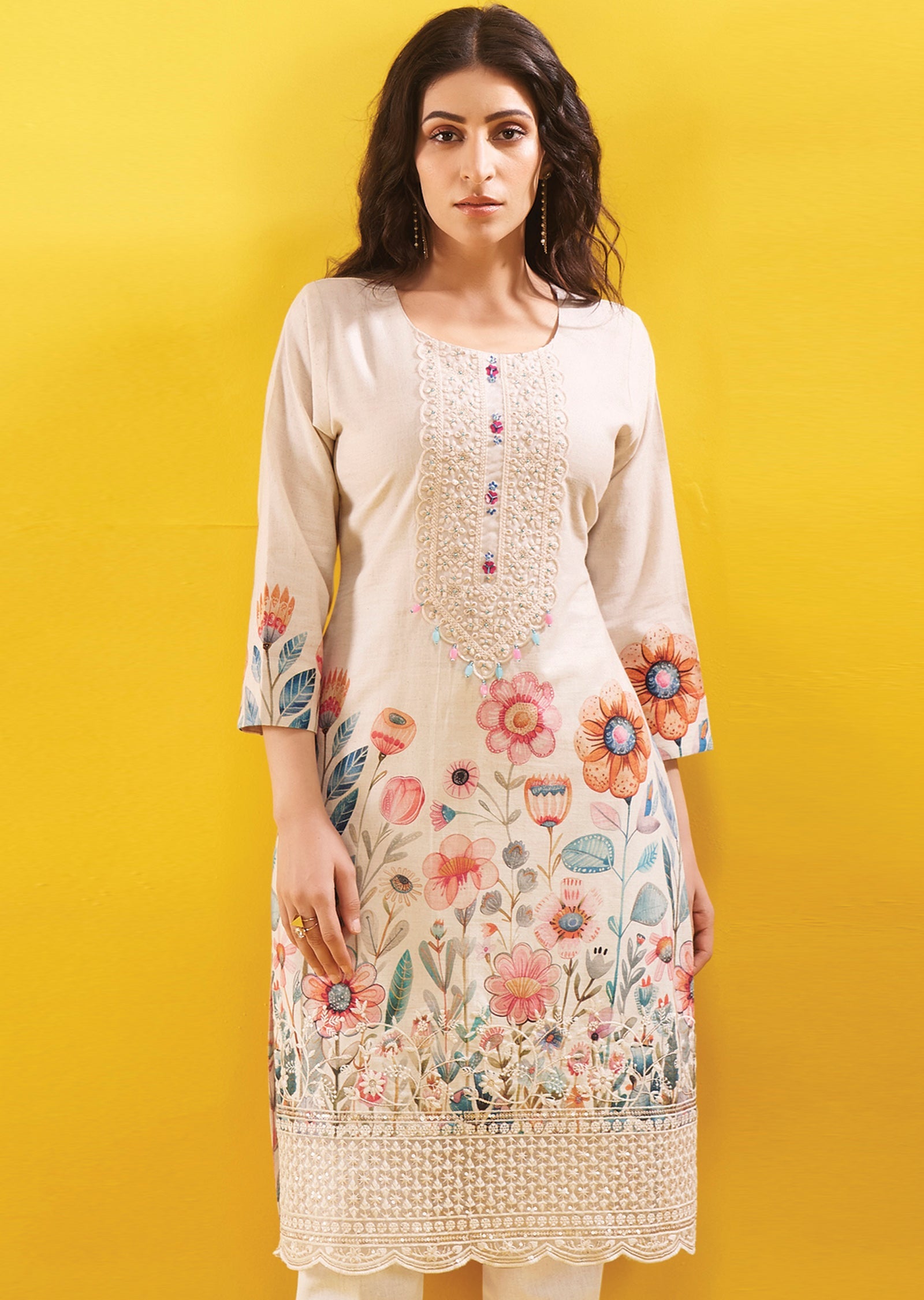 Cream Cotton Straight Cut Kurti Set