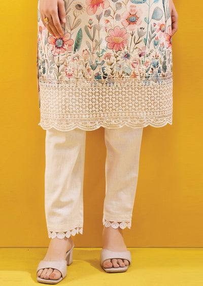 Cream Cotton Straight Cut Kurti Set