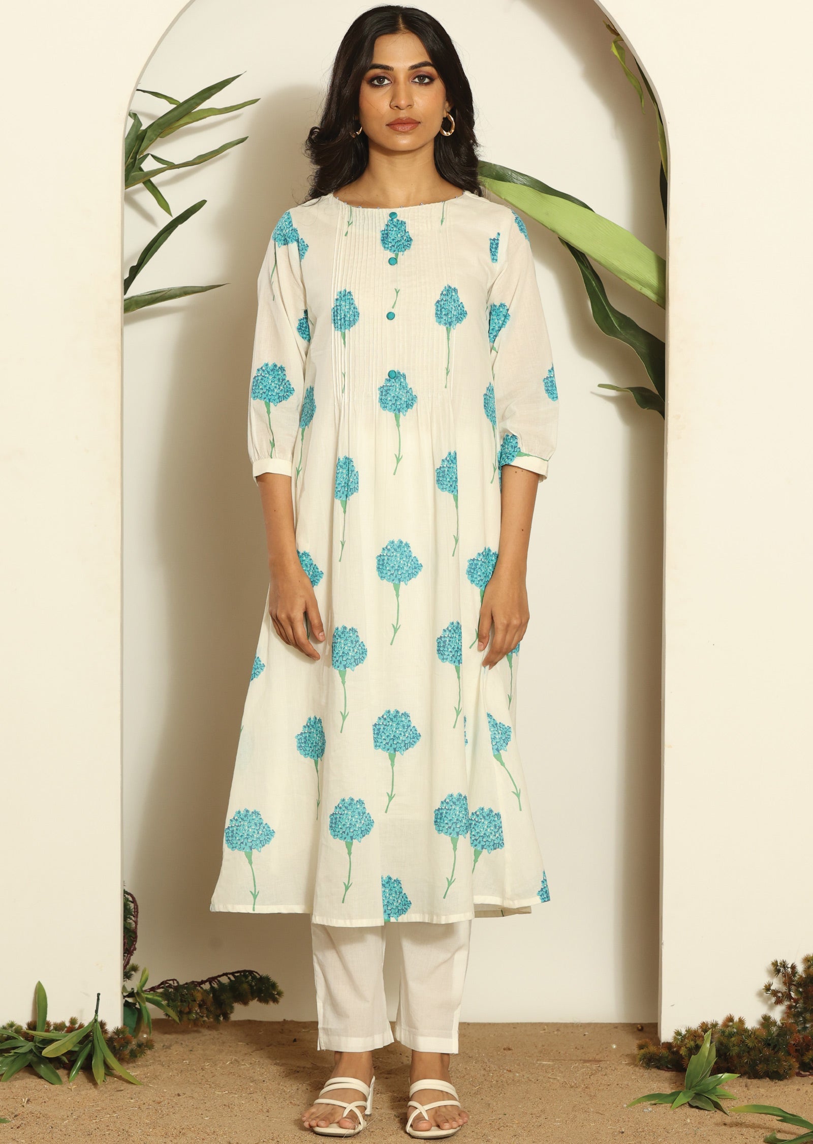 Off White Cotton Straight Cut Kurti Set