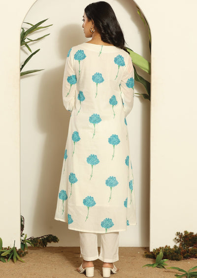 Off White Cotton Straight Cut Kurti Set