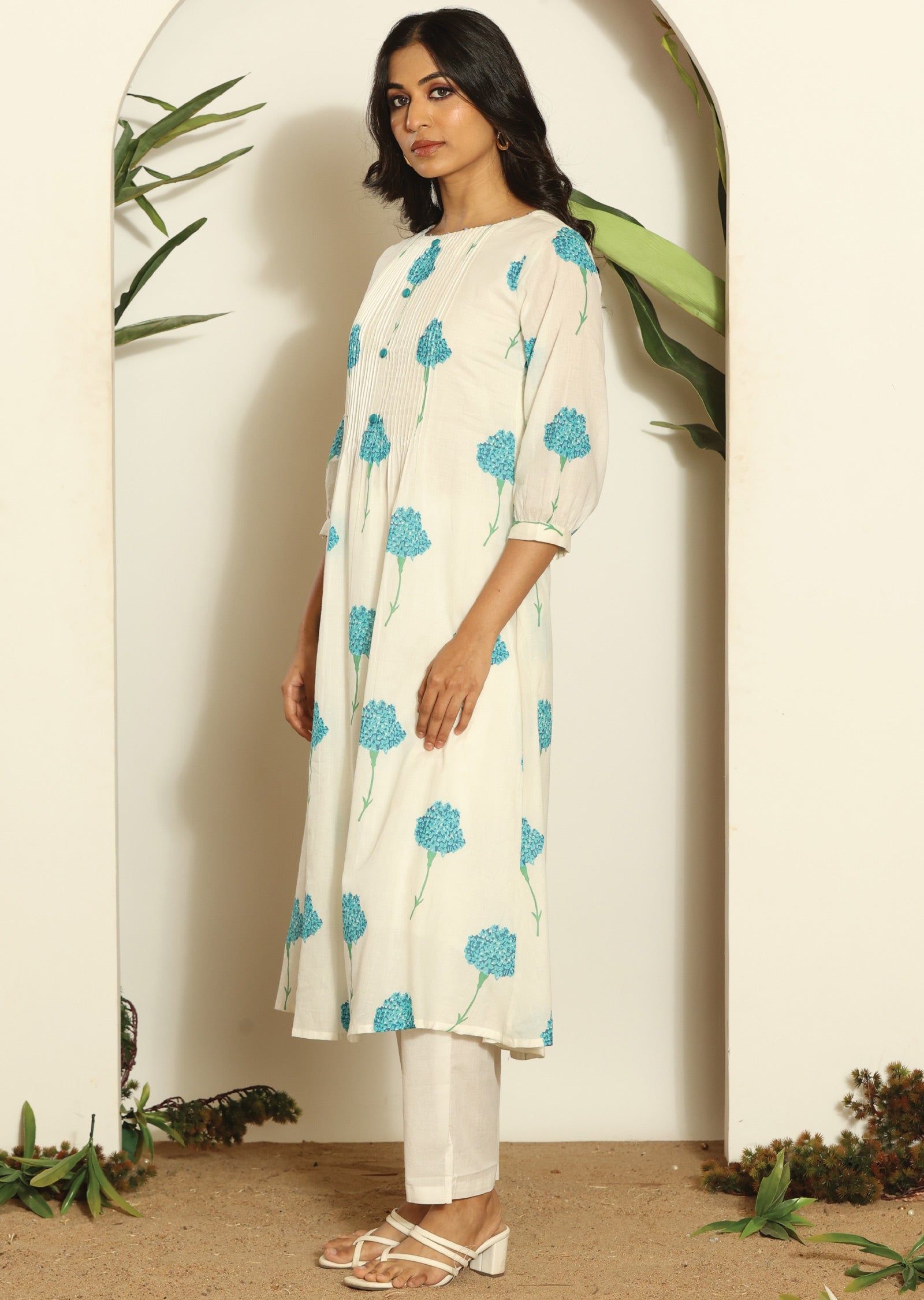 Off White Cotton Straight Cut Kurti Set