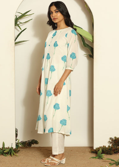 Off White Cotton Straight Cut Kurti Set