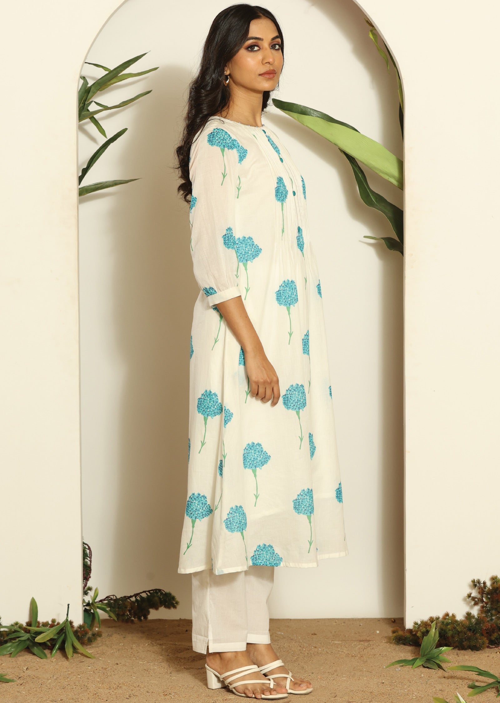 Off White Cotton Straight Cut Kurti Set